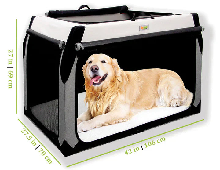 The Exclusive Doggoods Dog Crate, shown with a Golden Retriever for scale, highlights its spacious design and ensures your dog’s comfort in a properly sized crate.