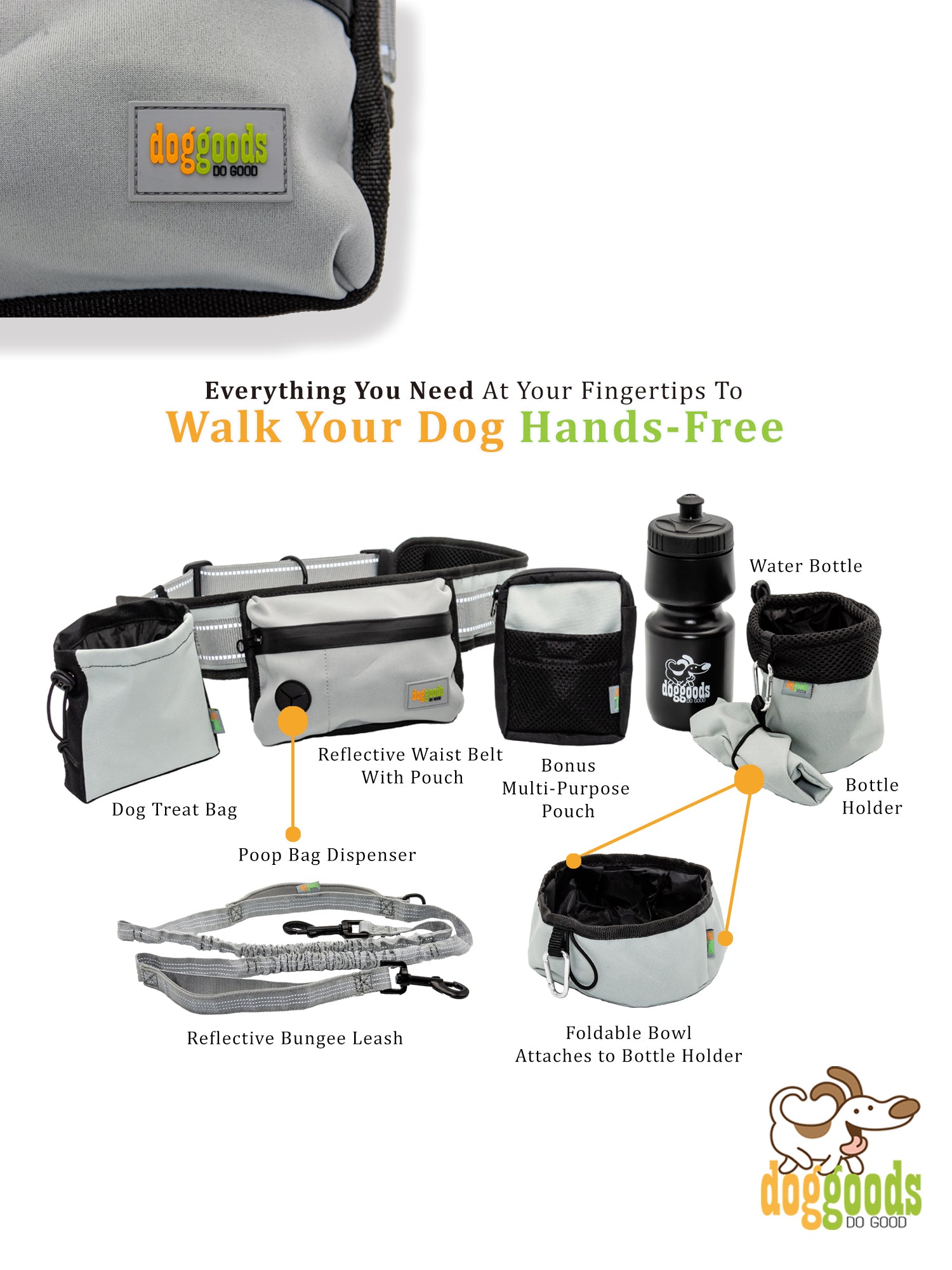 Handsfree leash and attachable pouches.. keeping treatos at the