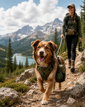 Dog in a hiking harness walking a mountain trail with its owner, surrounded by alpine scenery and outdoor gear.