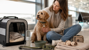 Woman with ESA dog at airport beside pet carrier, leash, water bottle, bowl, blanket, and travel toys.