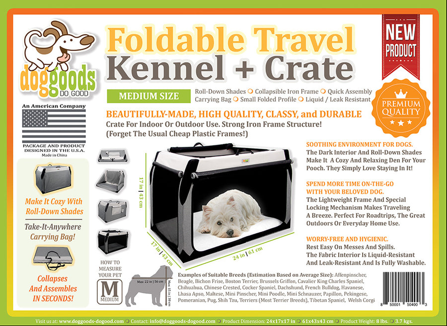 Foldable travel dog crate with a durable iron frame, roll-down shades, and a carrying bag. Lightweight, leak-resistant, and designed for indoor and outdoor use. Perfect for small to medium dog breeds.