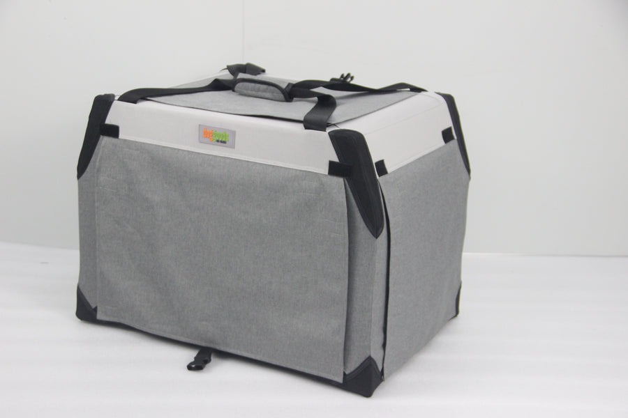 Foldable dog crate with roll-down blackout shades for privacy, sturdy handles for portability, and a durable design for travel or home use.
