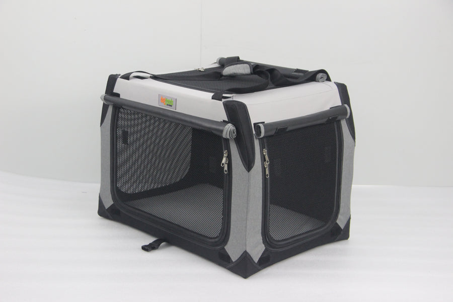DogGoods foldable crate with zippered mesh sides for ventilation, roll-up blackout shades for privacy, and a sturdy, portable design for travel and home use.