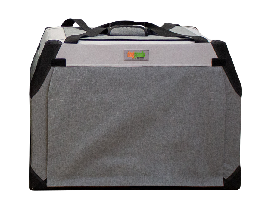 Foldable dog crate with roll-down blackout shades for privacy and comfort. Lightweight and portable design.