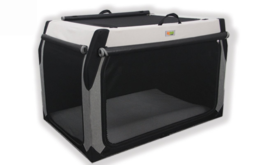 DogGoods foldable crate with mesh sides for ventilation, roll-up blackout shades for privacy, and a soft, cushioned mat for pet comfort. Lightweight and portable design.
